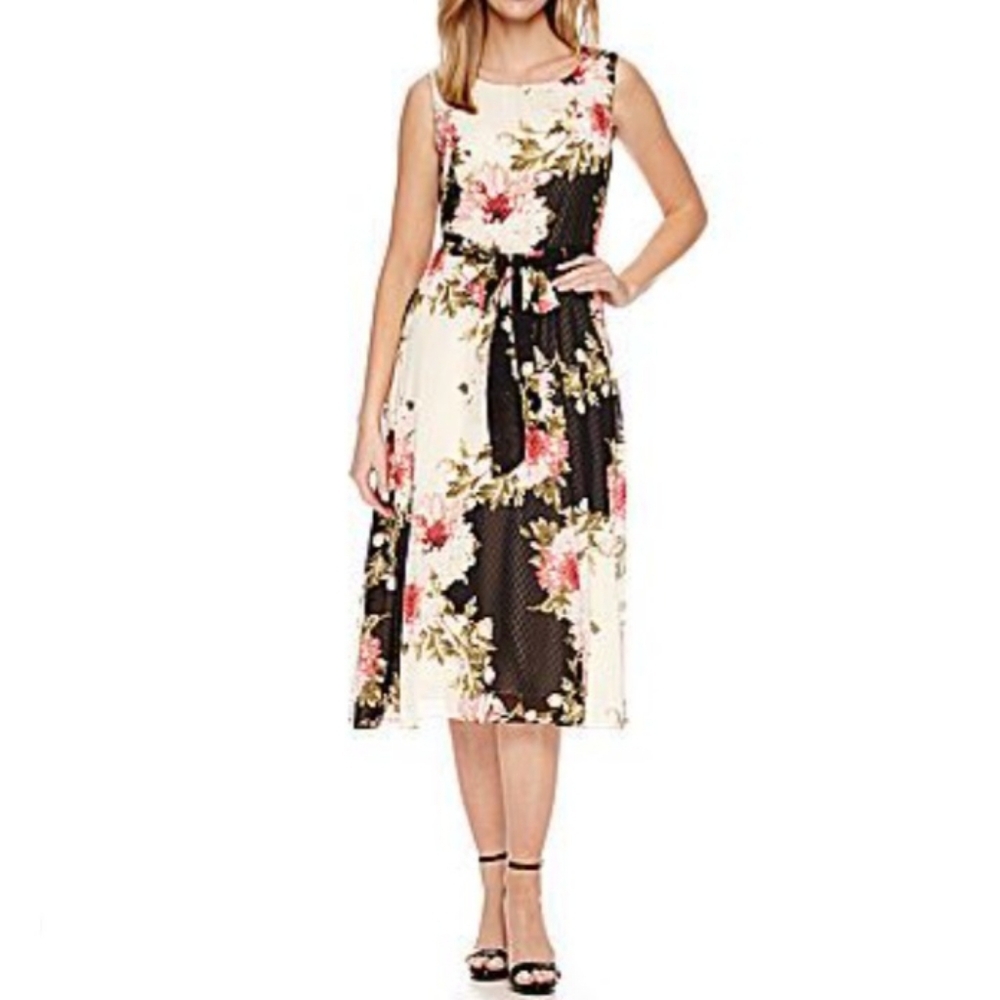 Perceptions New York Floral Sleeveless Midi Length Dress Dark Tie Belt Size 4